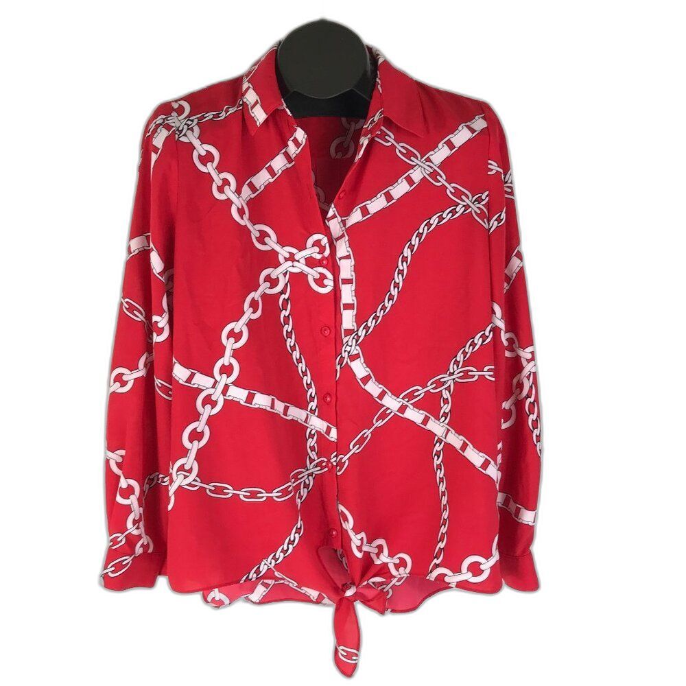 Susan Graver Chain Print Tie Waist Blouse Women's Size 6 Red Long Sleeve Career